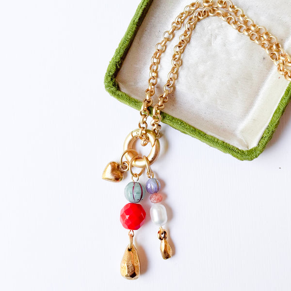 Long Charm Red Bead Necklace | Convertible Gold Rolo Chain