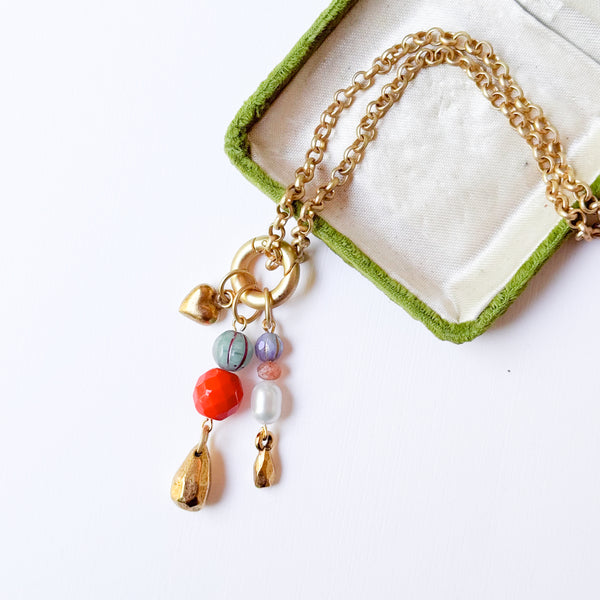 Long Charm Red Bead Necklace | Convertible Gold Rolo Chain