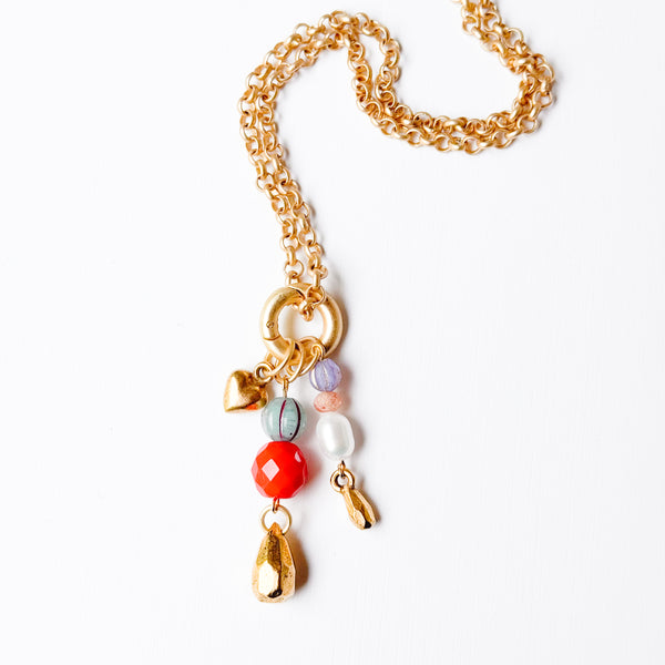 Long Charm Red Bead Necklace | Convertible Gold Rolo Chain