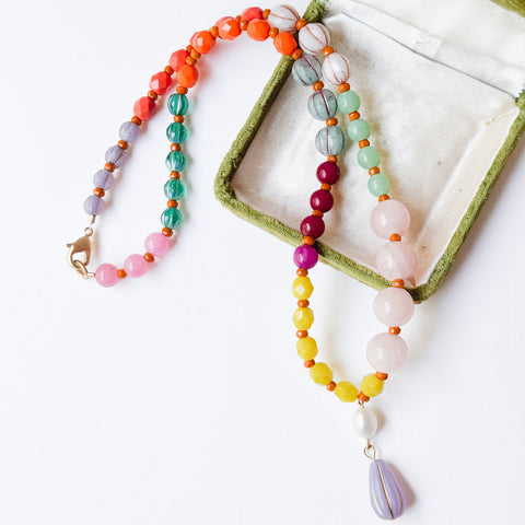 Pink Mixed-Size And Color Glass Bead Pendant Necklace