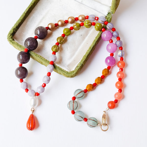 Dark Grey  Mixed-Size And Color Glass Bead Pendant Necklace