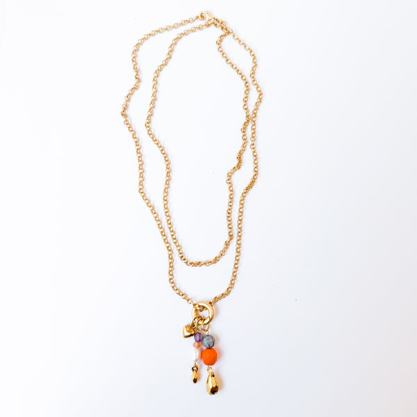 Long Charm Red Bead Necklace | Convertible Gold Rolo Chain