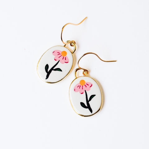 Botanical Folk Art Flower Earrings Gold Plated