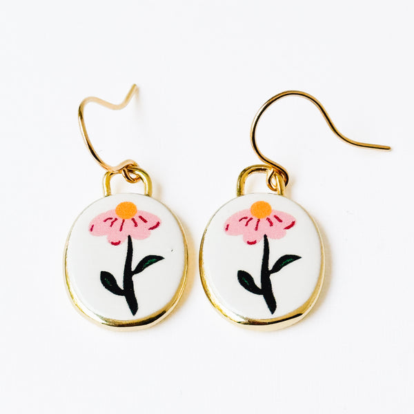 Botanical Folk Art Flower Earrings Gold Plated