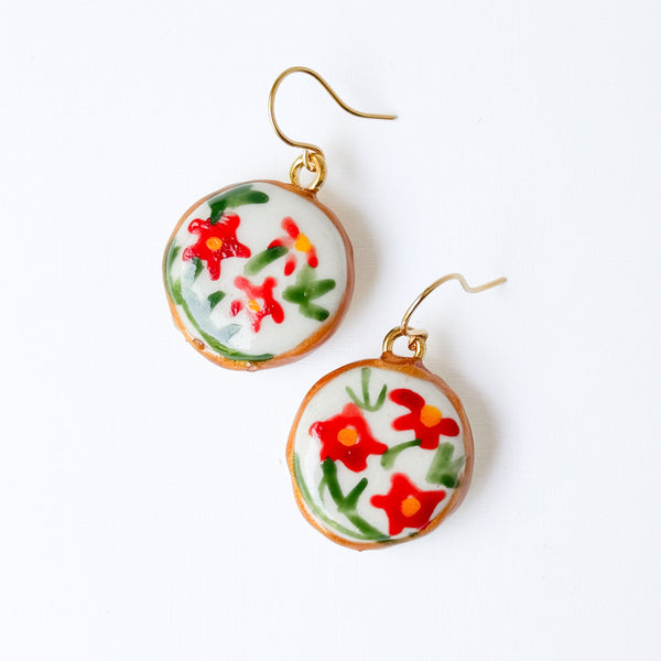 Hand Painted Floral Drop Earrings Gold Plated