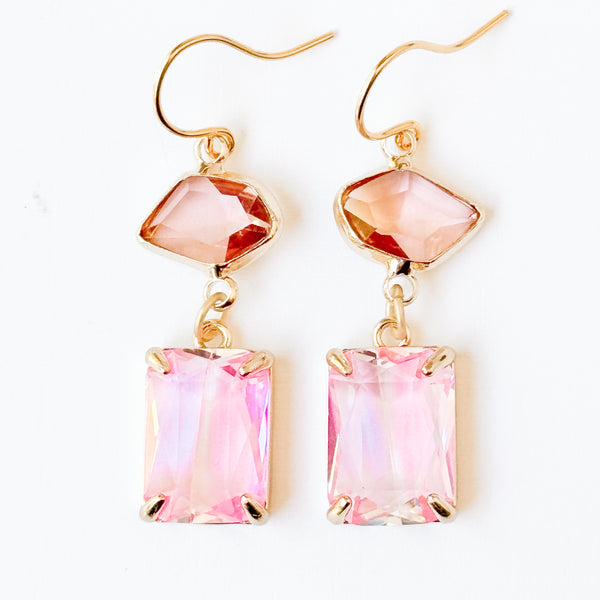 Pink And Peach Faceted Glass Drop Earrings