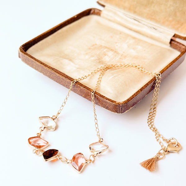 Faceted Glass Necklace | Satin Gold Chain & Tassel