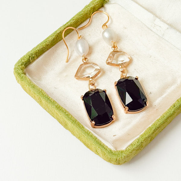 Festive Black Glass & Freshwater Pearl Statement Earrings