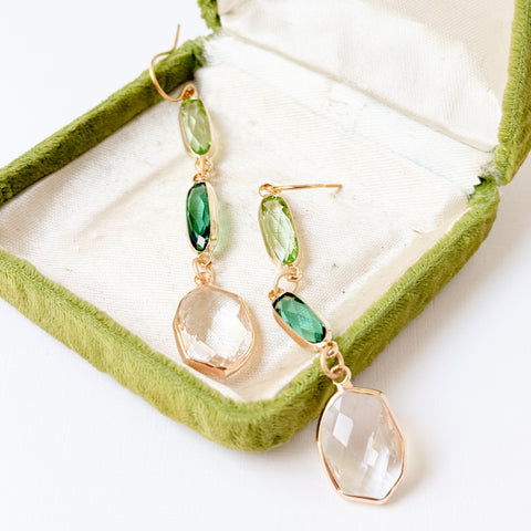 Green Clear Faceted Glass Statement Dangle Earrings