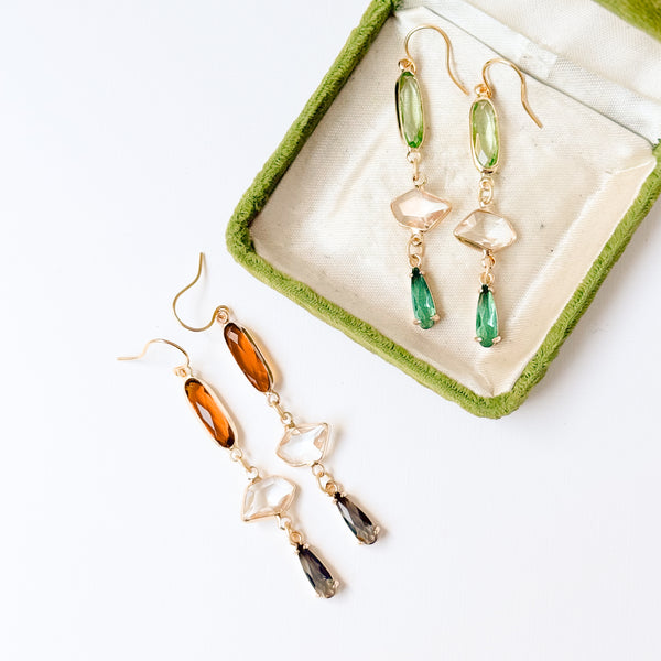 Long Gold Dangle Earrings with Colorful Faceted Glass Drops
