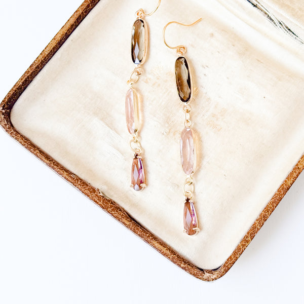 Long Gold Dangle Earrings with Pink Brown Faceted Glass Drop