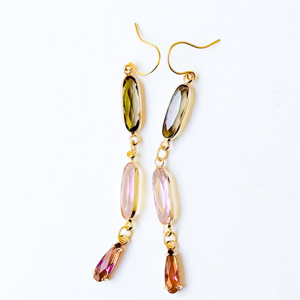Long Gold Dangle Earrings with Pink Brown Faceted Glass Drop