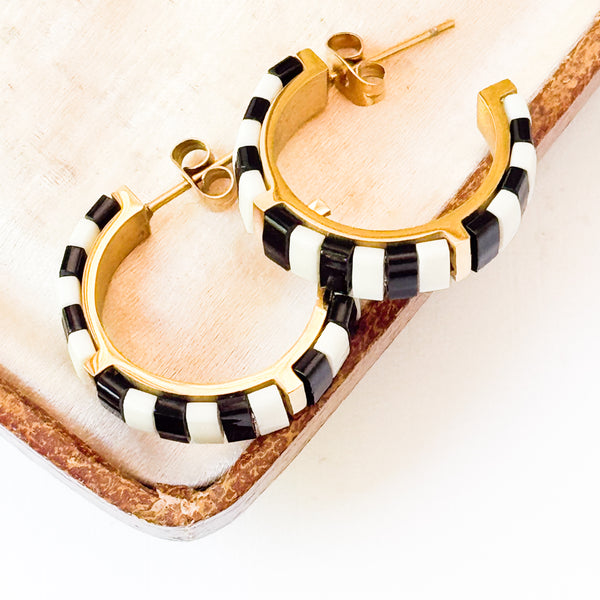 B&W Tila Bead Hoop Earrings Gold-Plated | Handmade