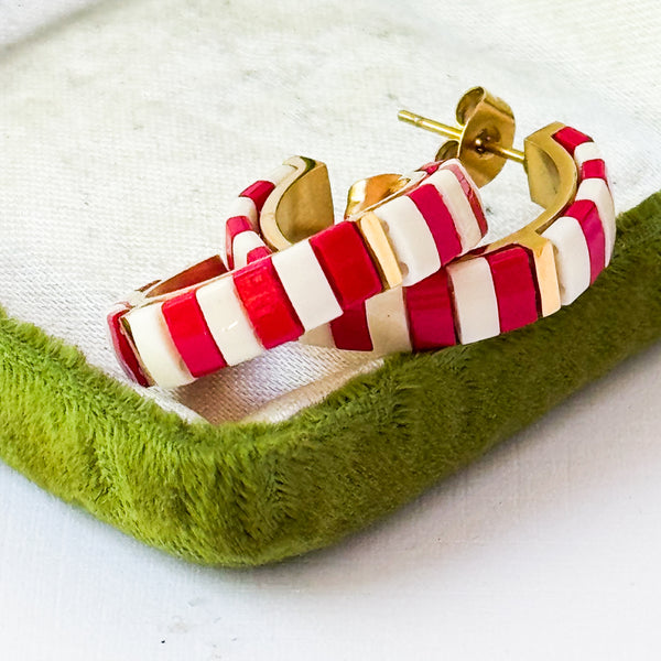 Red Tila Bead Hoop Earrings Gold-Plated | Handmade