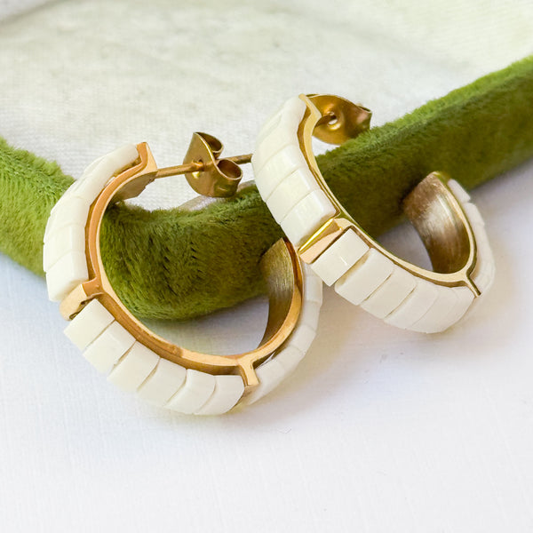 Small White Tila Bead Hoops Gold-Plated