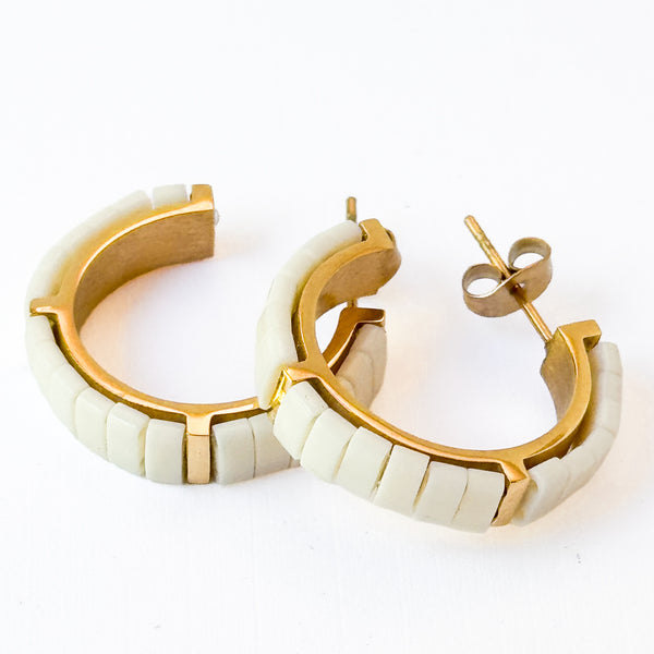 Small White Tila Bead Hoops Gold-Plated