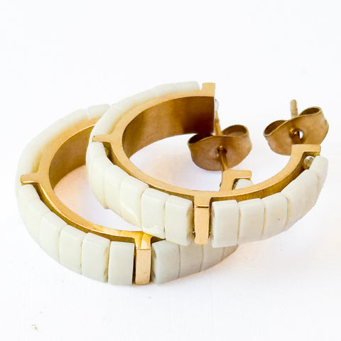 Small White Tila Bead Hoops Gold-Plated