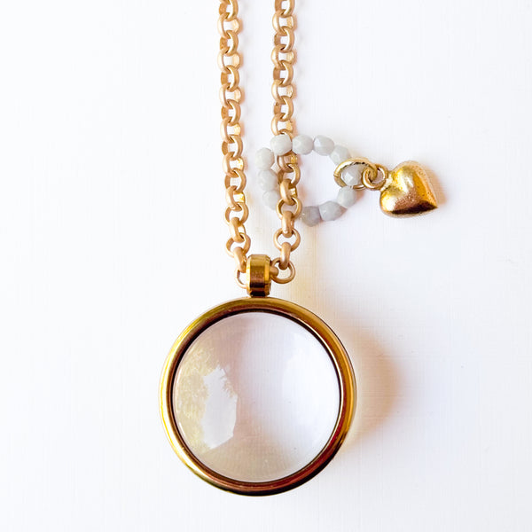 Gold Keepsake Pendant Necklace with Glass Locket & Heart Charm