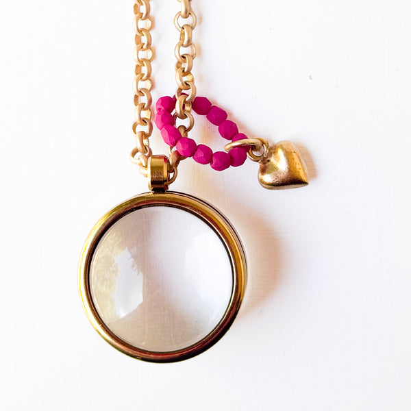 Gold Keepsake Pendant Necklace with Glass Locket & Heart Charm