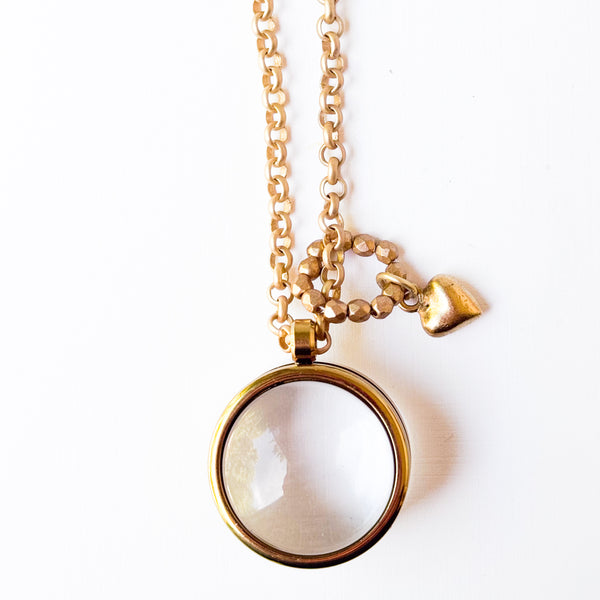 Gold Keepsake Pendant Necklace with Glass Locket & Heart Charm