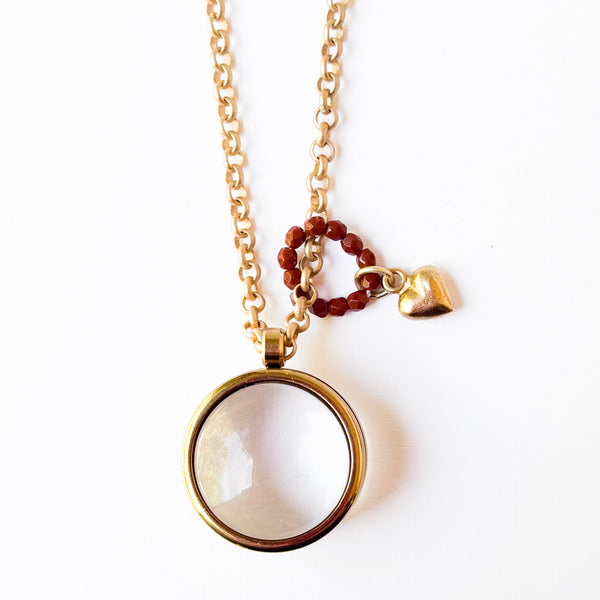 Gold Keepsake Pendant Necklace with Glass Locket & Heart Charm