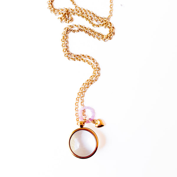 Gold Keepsake Pendant Necklace with Glass Locket & Heart Charm