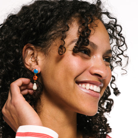 Orange Flower Dangle Stud Earrings