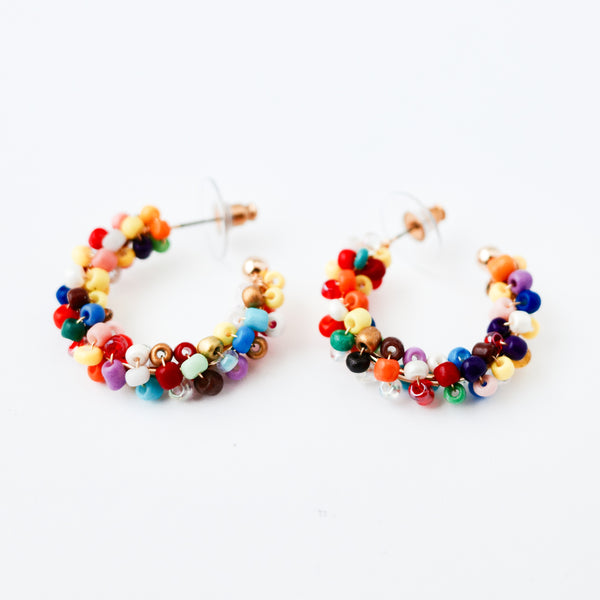 Medium Multicolor Beaded Silver C-Hoop Earrings