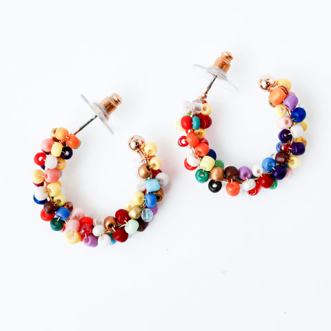 Medium Multicolor Beaded Silver C-Hoop Earrings