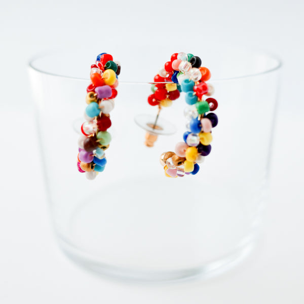 Medium Multicolor Beaded Silver C-Hoop Earrings