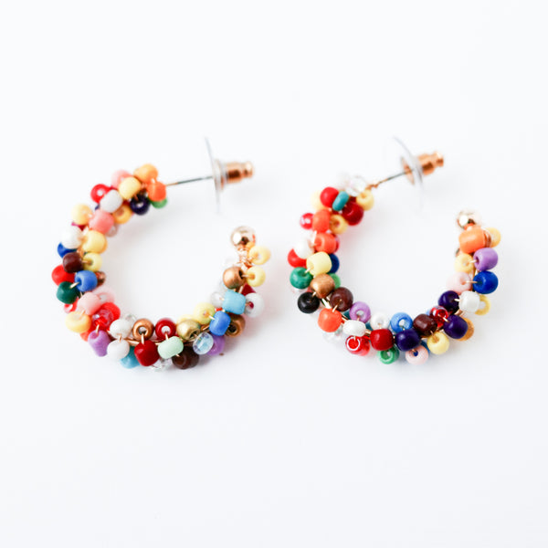 Medium Multicolor Beaded Silver C-Hoop Earrings