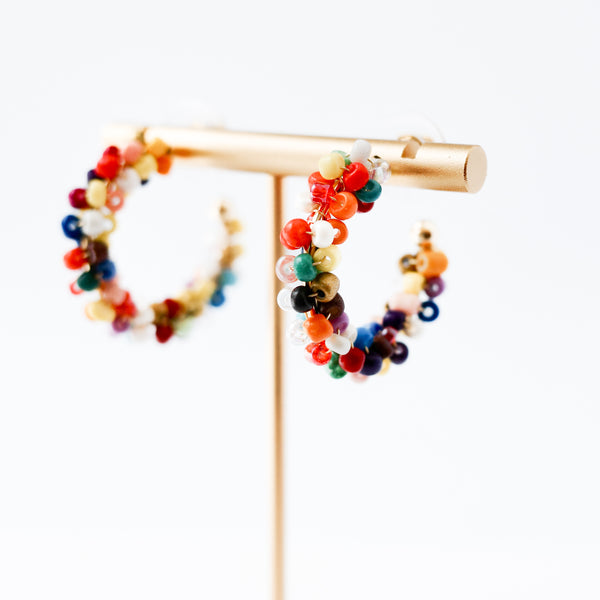 Medium Multicolor Beaded Silver C-Hoop Earrings