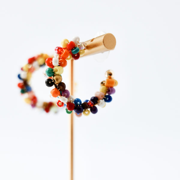 Medium Multicolor Beaded Silver C-Hoop Earrings