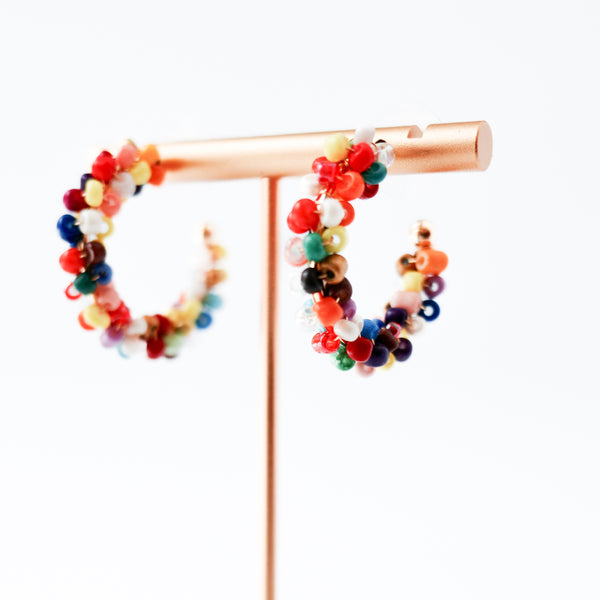 Medium Multicolor Beaded Silver C-Hoop Earrings