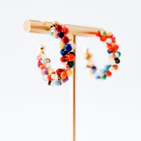 Medium Multicolor Beaded Silver C-Hoop Earrings