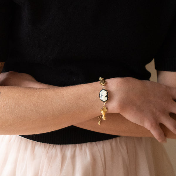 24K Satin Gold Paparclip Charm Bracelet with Cameo & Hands