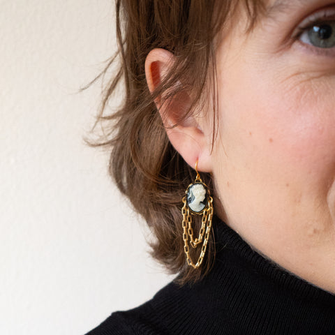 Cameo Earrings with Double 24K Gold Plated Chains