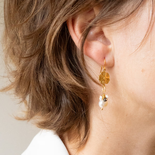 Gold Flower Earrings with Pearls and Gemstone Accents