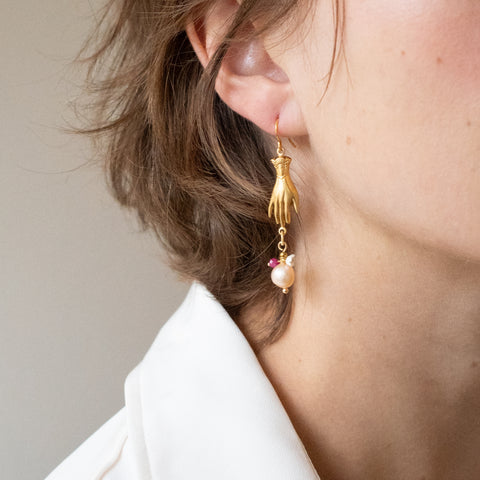 Gold Hand Earrings with Pearls and Gemstone Drops