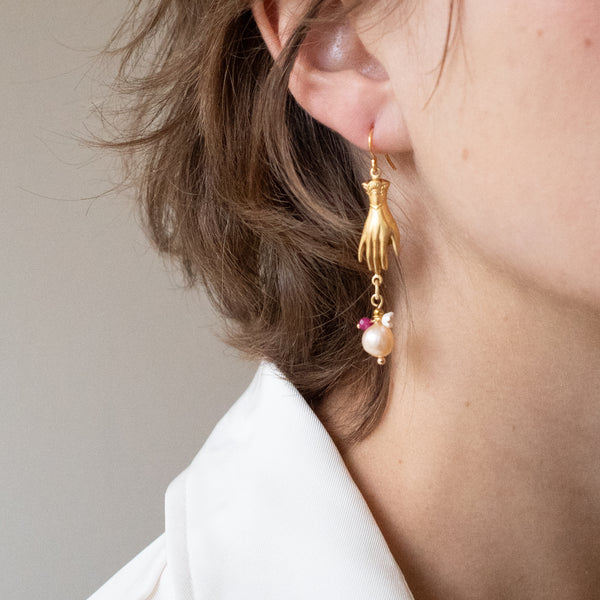 Gold Hand Earrings with Pearls and Gemstone Drops