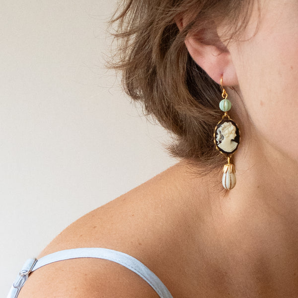 Cameo Earrings with Light Blue Bead and Drop Bead