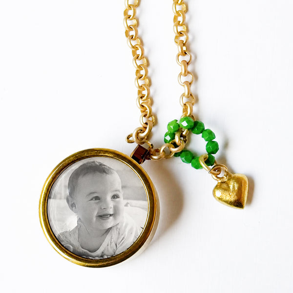 Gold Keepsake Pendant Necklace with Glass Locket & Heart Charm