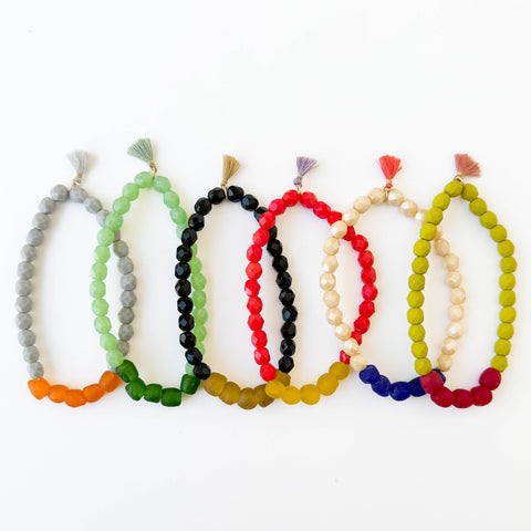 Recycled Glass And Bead Stretchy Bracelet 