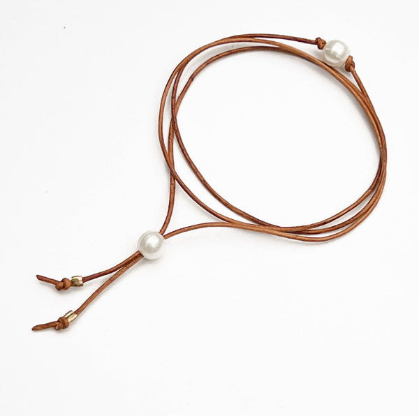 Pearl and leather wrap triple bracelet